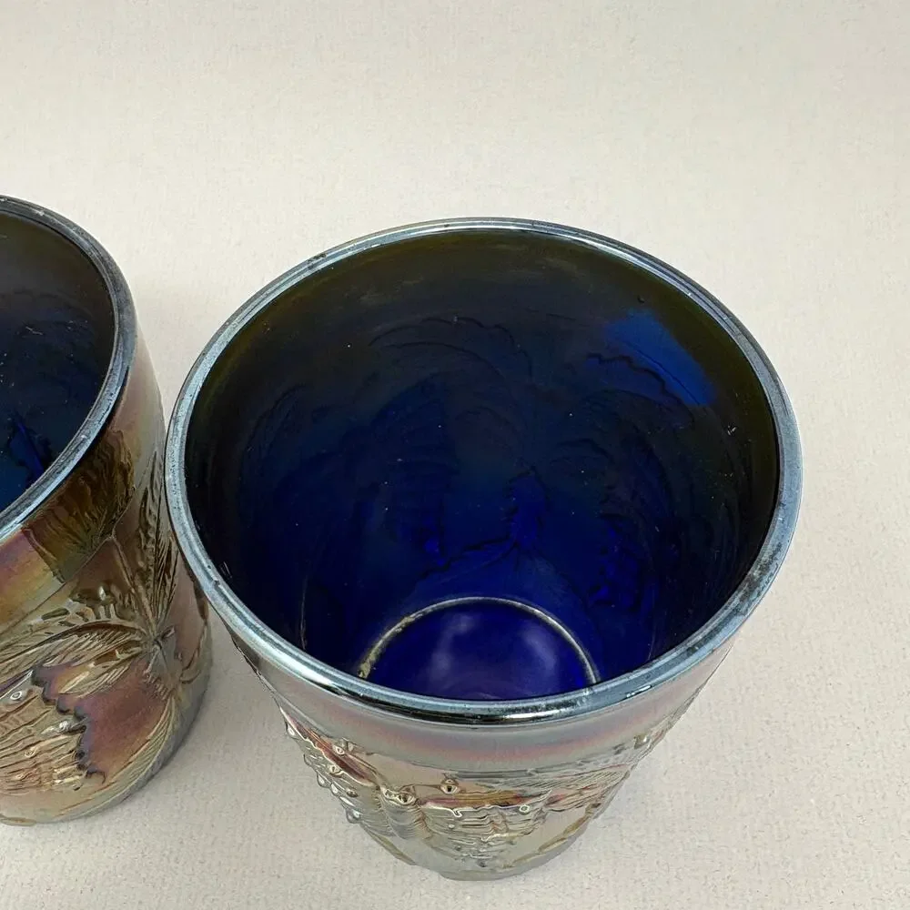 Pair of Antique Fenton Blue Carnival Glass Butterfly & Fern Tumblers Ground Base